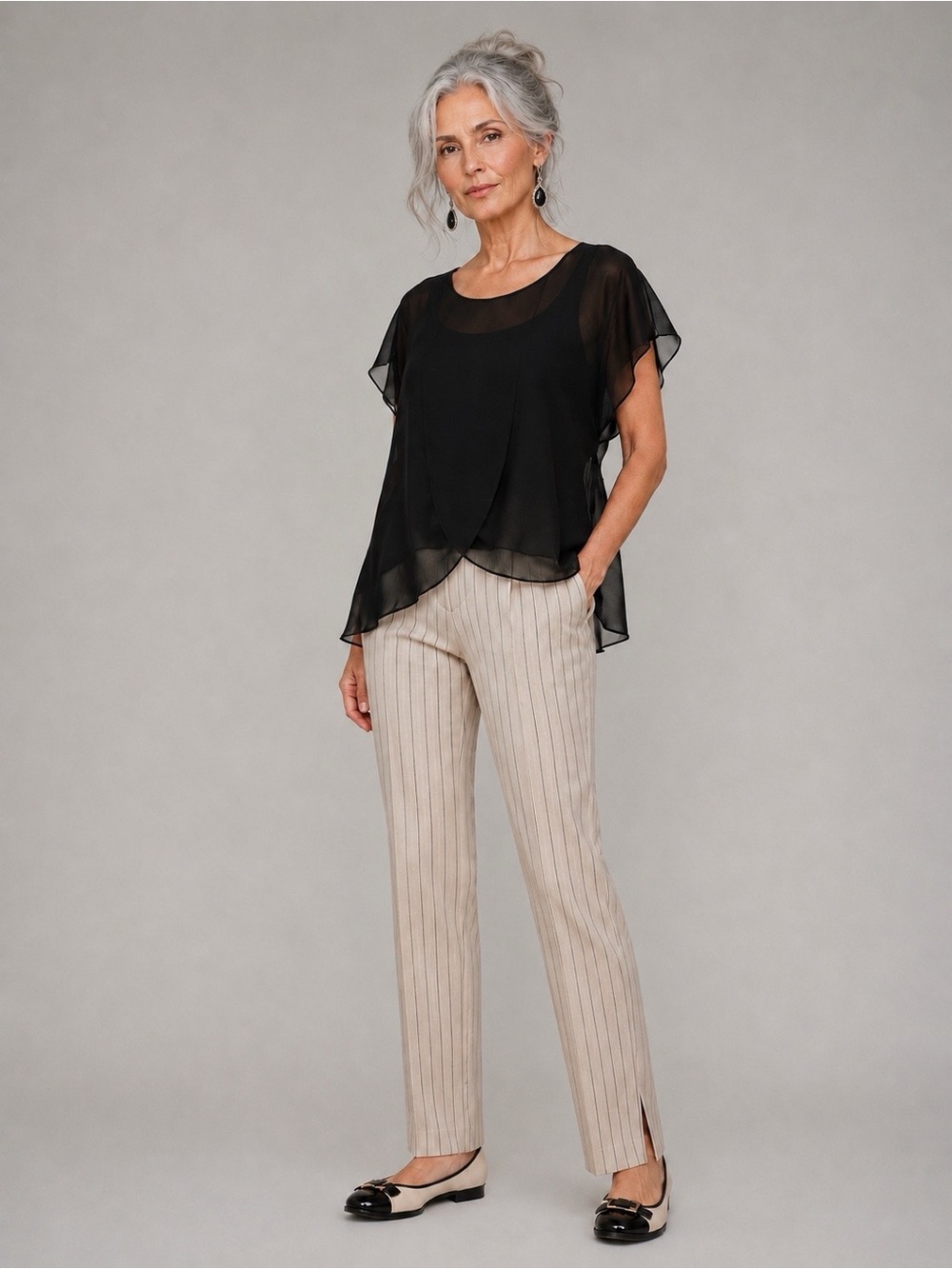 Coco Bianco Black Sheer Flutter-Sleeve Blouse